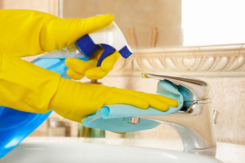 Safety-focused carpet cleaning team preparing work area